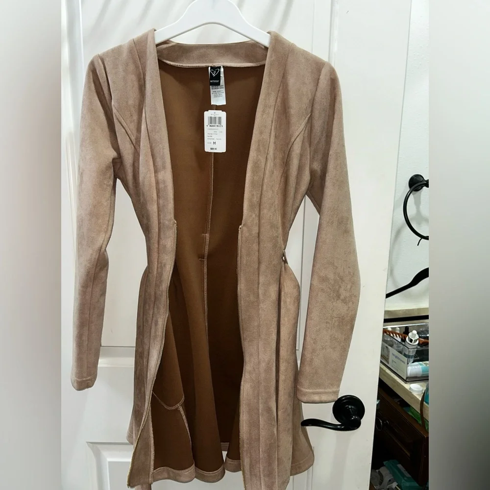 NWT Windsor M Taupe Tie-Waist Jacket / faux suede dress camel tan - Picture 2 of 6